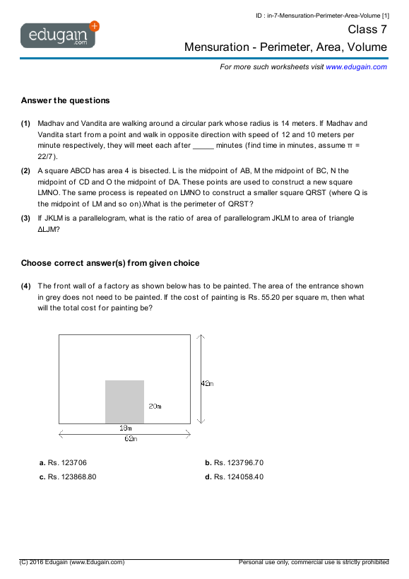 Mensuration - Perimeter, Area, Volume